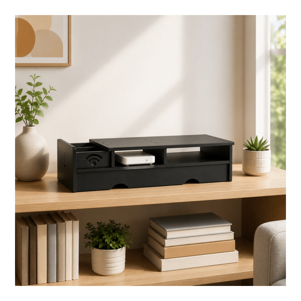 Office Tech Desk - Black Matte WiFi Router Storage Box