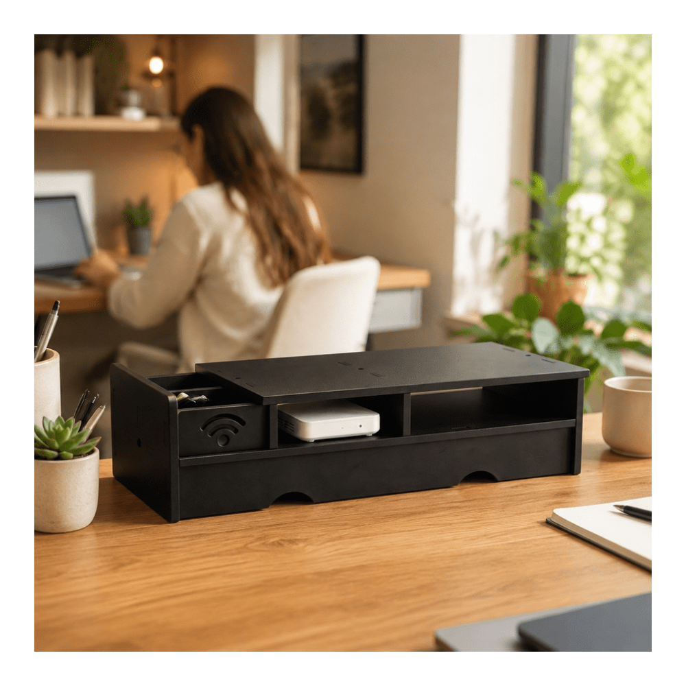 Black Matte WiFi Router Storag - đánh giá và giá Office Tech Desk